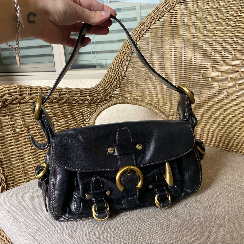 Francesco Biasia Italy Motorcycle Style Black Leather Shoulder Bag Brass Details